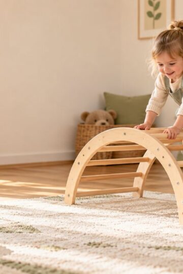 Kleinkind klettert auf einem Kletterbogen aus Holz, in einem Kinderzimmer.