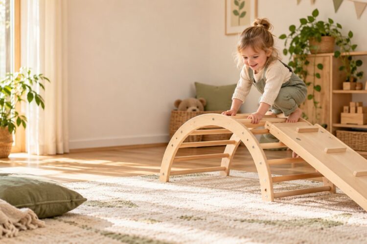 Kleinkind klettert auf einem Kletterbogen aus Holz, in einem Kinderzimmer.
